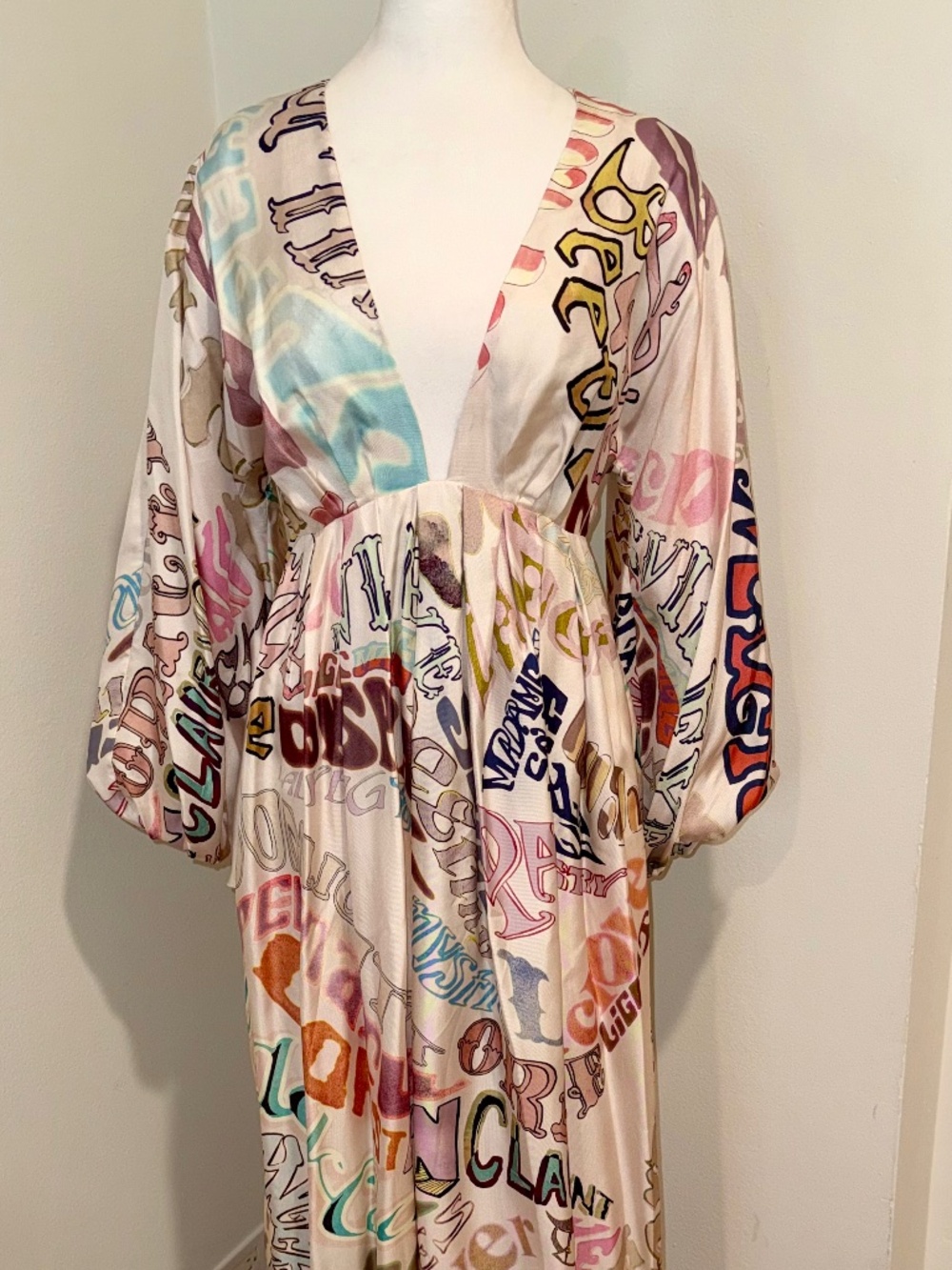 NWT ZIMMERMANN Silk Ladybeetle Word Long Dress AU0 US4 UK8 Plunge Neck